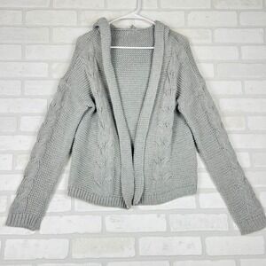 Grey Hooded Cable Knit Open Front Cardigan Sweater Womens Relaxed Fit Medium
